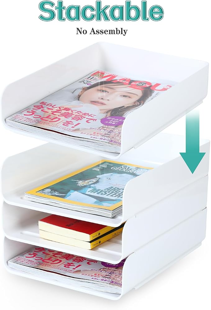 (4pcs Pack) HKeeper Stackable Paper Trays,Letter Tray Organizer,Office Desktop Organizer,A4 Paper Holder,Supplies Magazine,File Documents,Receipts（White,Regular）
