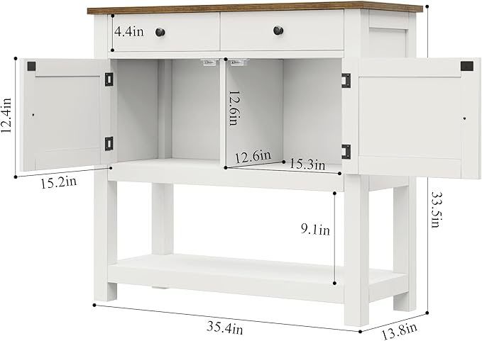 HOSTACK Farmhouse Console Table with 2-Door Cabinet & 2 Drawers, Coffee Bar, Entryway Table with Storage Shelf, Sofa Tables Buffet Sideboard for Kitchen, Hallway, Dining, Living Room, White