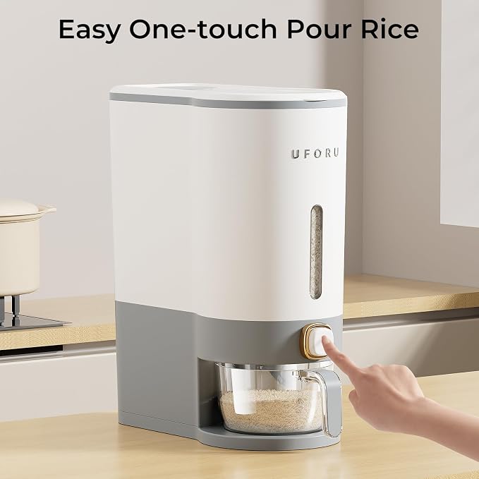 UFORU Rice Dispenser, Rice Storage Container with Measuring Cup for Kitchen Pantry Household, Dry Food Storage Containers Airtight, Sealed Moisture Proof (Grey 11 Lbs)