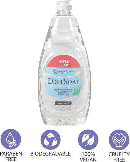 Ginger Lily Farms Botanicals Plant-Based Liquid Dish Soap, Concentrated Formula with Max Grease Cleaning Power, Cruelty-Free, Apple Pear Scent, 24 Fl Oz (Pack of 8)