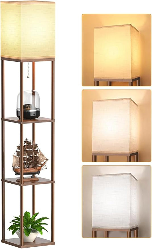 Floor Lamp with Shelves for Living Room Walnut Brown, Shelf Floor Lamp with 3 CCT LED Bulb, Corner Display Standing Column Lamp Etagere Organizer Tower Nightstand with White Linen Shade for Bedroom