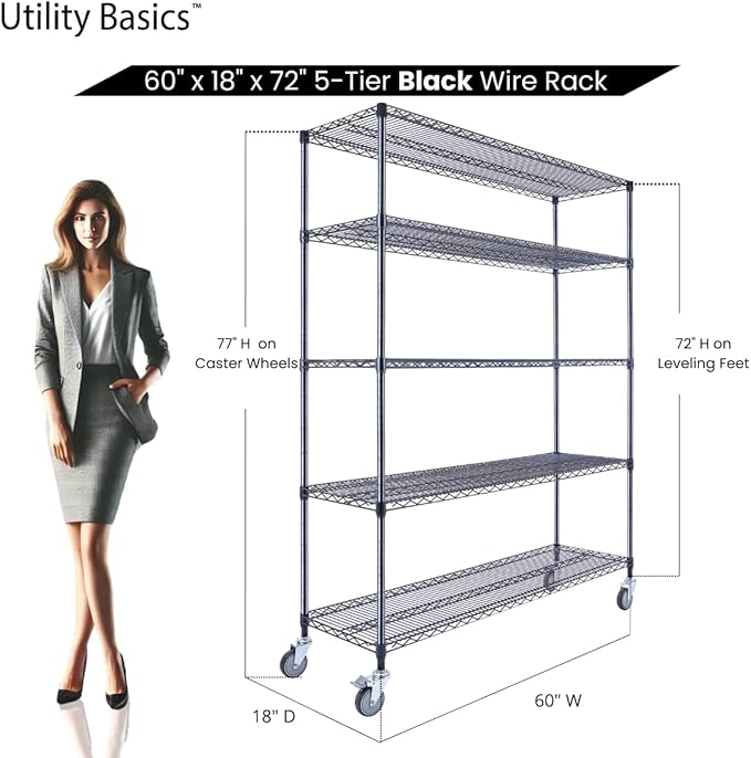 Utility Basics NSF Commercial 5-Tier Wire Shelving with Wheels, 60"x18"x72" Heavy Duty Metal Shelves 4000 lbs Max Capacity, Black Storage Rack for Garage Kitchen Pantry Warehouse