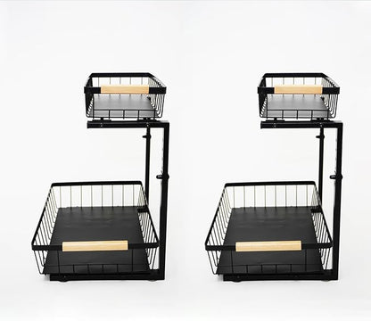 Under Sink Organizer 2 Pack, 2 Tier Pull Out Cabinet Organizers and Storage for Kitchen Bathroom Pantry Laundry, Adjustable Height, Slide Out Thickened Metal Storage Shelf (Black, 2 Pack)
