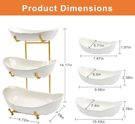 Lifevc Fruit Bowl for Kitchen Counter,3 Tier Fruit Holder with Gold Metal Stand, Tiered Fruit Basket for Fruit Vegetable Storage, Snack, Nuts, Cake, Dessert (White)