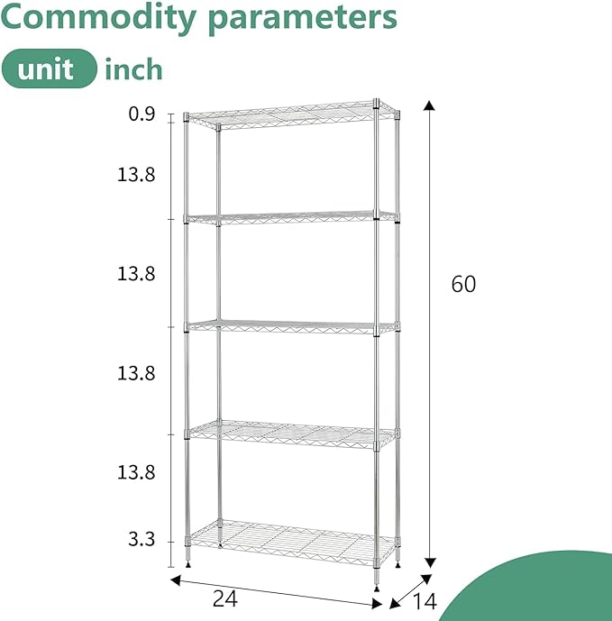 FDW 24" L×14" W×60" H Wire Shelving Unit Metal Shelf with 5 Tier Layer Rack Strong Steel for Restaurant Garage Pantry Kitchen Garage,Chrome