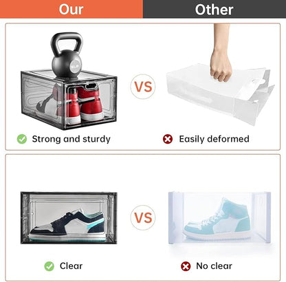 INSTY 12 Pack Gray Transparent Shoe Storage Organizer, Stackable Shoe Boxes for Closet, Drop Front Plastic Shoe Box with Grey Door, Easy to Assemble, Fit up US Size 12(13.4”x 9.8”x 7.1”)