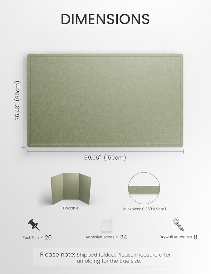 Fluxynara Large Bulletin Board, 59" x 35.4" Cork Board Alternative with 24 Safe Removable Adhesive Tabs, Foldable Felt Pin Board for Home Office, Classroom, Bedroom,Entryway for Walls— Sage