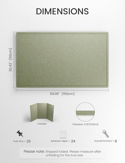 Fluxynara Large Bulletin Board, 59" x 35.4" Cork Board Alternative with 24 Safe Removable Adhesive Tabs, Foldable Felt Pin Board for Home Office, Classroom, Bedroom,Entryway for Walls— Sage