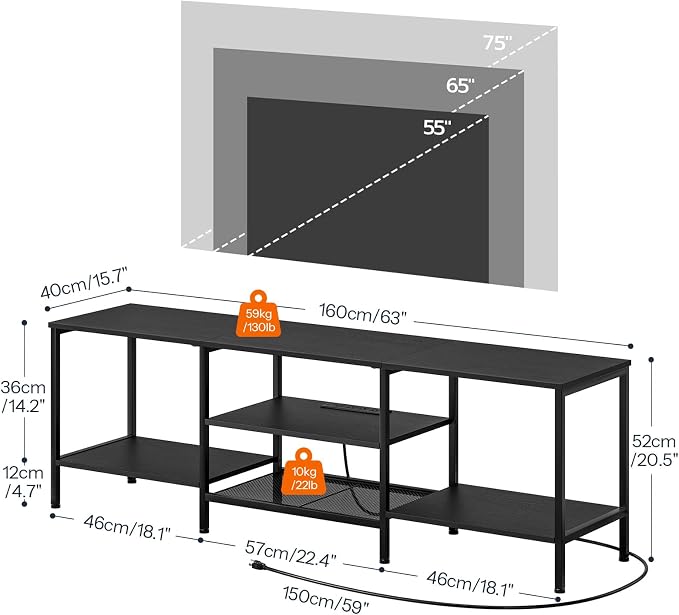 HOOBRO TV Stand with Power Outlets to 75 Inches, TV Console Table with Open Storage Shelves Cabinet, Industrial Media Entertainment Center for Living Room Bedroom, Black BB60DS01