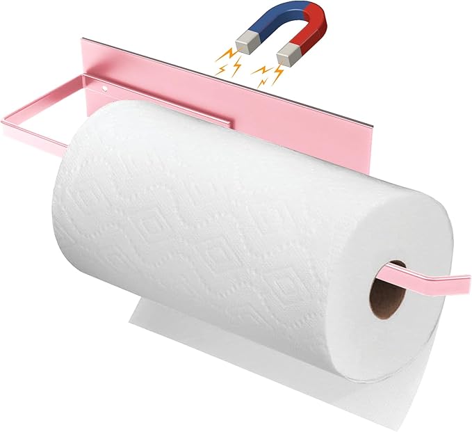 Paper Towel Holder, Toilet Paper Roll Holder Magnetic Towel Rack Wall Mount Fridge Organizer Shelf for Towels Rolls Bar Bathroom Toilet Pantry RV Essentials Kitchen Organizers and Storage Pink