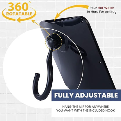 MIRRORVANA Real Glass Hanging Fogless Shower Mirror - Distortion-Free & Adjustable Swivel Hook for Effortless Shaving - Fill Back Chamber/Reservoir with Hot Water for Anti-Fog Effect (8" x 7", Black)