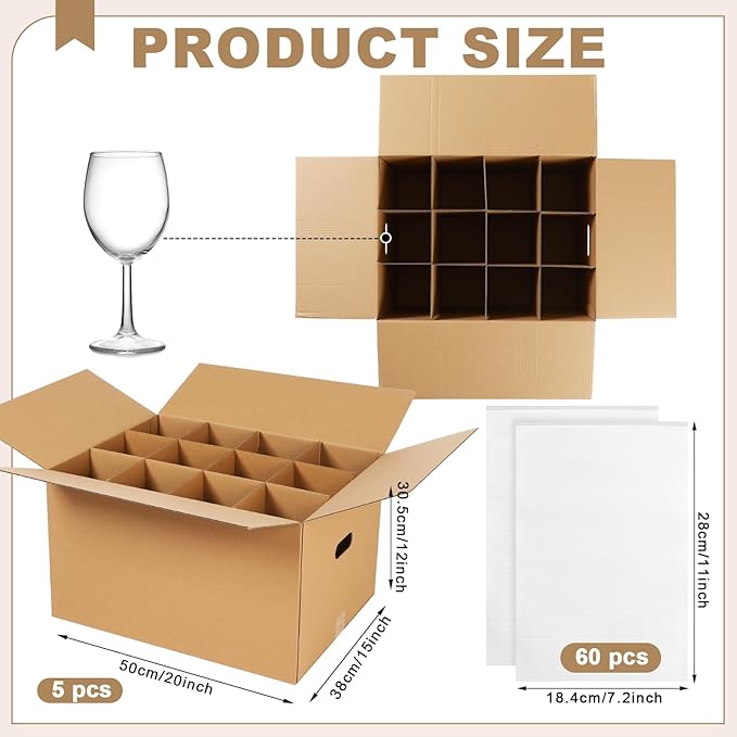 5 Sets Glass Packing Kit for Glasses and Stemware Includes Kitchen Moving Boxes Cell Divider Unit Foam Pouches Glass Packing Boxes for Moving Glasses Wine Dish (20 x 15 x 12 Inch)