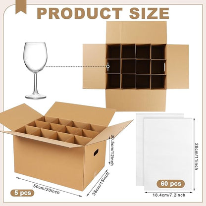 5 Sets Glass Packing Kit for Glasses and Stemware Includes Kitchen Moving Boxes Cell Divider Unit Foam Pouches Glass Packing Boxes for Moving Glasses Wine Dish (20 x 15 x 12 Inch)