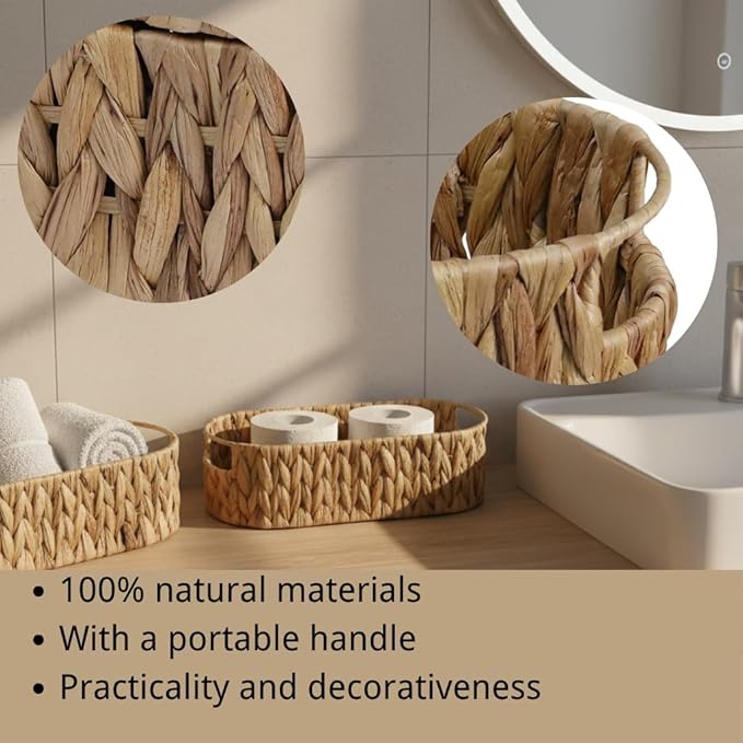 Toilet Paper Storage with Handles, Water Hyacinth Toilet Paper Holder, Storage Basket for Table, Shelves, Bathroom, Living Room, Gift Basket, Decor, 2 Packs (14.2" × 6.3" × 3.9")