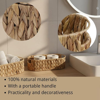 Toilet Paper Storage with Handles, Water Hyacinth Toilet Paper Holder, Storage Basket for Table, Shelves, Bathroom, Living Room, Gift Basket, Decor, 2 Packs (14.2" × 6.3" × 3.9")