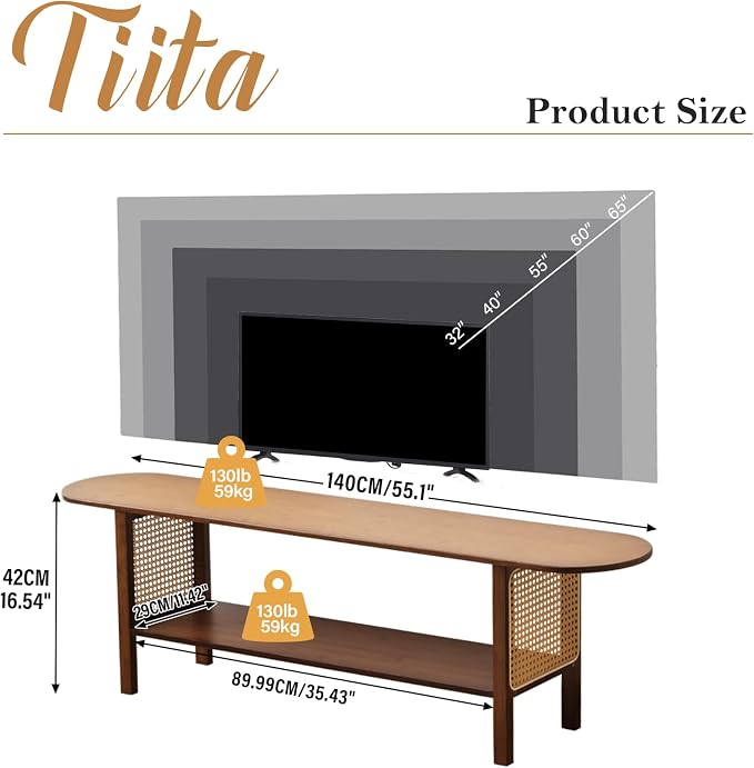 Tiita TV Stand with Storage for TVs up to 65'', Bamboo TV Console Entertainment Center with 2 Open Shelf, Mid Century Modern Media Console for Living Room, Bedroom, Walnut