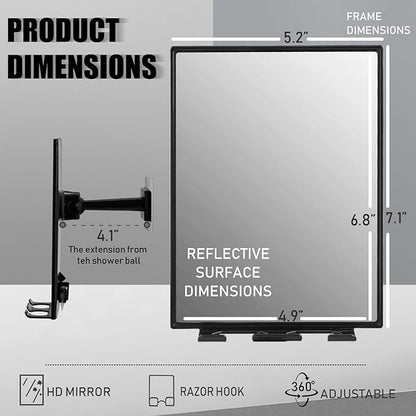 LFOYOU Shower Mirror for Shaving with 2 Replaceable Adhesive - Two Razor Holder, 360°Rotation Adjustable Shaving Mirror with a Squeegee, Bathroom Razor Holder(Not Fogless)