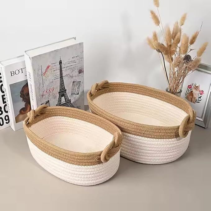 Set of 2 Cotton Woven Baskets 100% – Decorative Storage Set, Easy to Carry, Modern Design in Beige or Gray, Ideal for Bathroom, Bedroom, Living Room, Nursery & Gift Giving