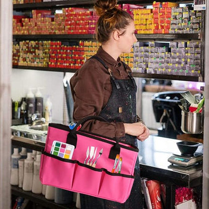 ZKOO Desktop Tote and Stock Organize, Multiple Pockets Teacher Helper Tote Bag Organization for Arts, Books, Stationery and Office Desk Organize, Make-up Case with Handles Craft Organizer (Pink)