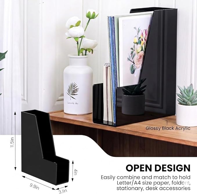 LALOBLUE 4 Pack Black Vertical Magazine File Holder Desk Organizer Bins | Plastic, Holds Magazines, Binders, Notebooks, Envelopes, 4 Pack Black Vertical Magazine File Holder Desk Organizer Bins