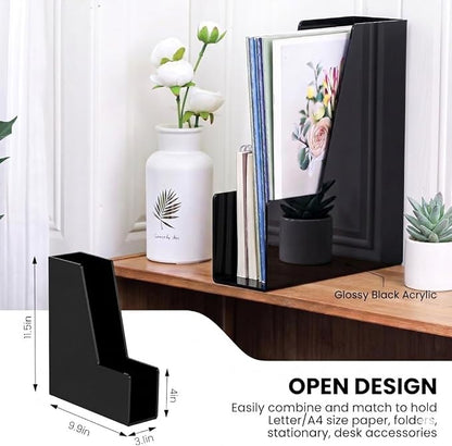 LALOBLUE 4 Pack Black Vertical Magazine File Holder Desk Organizer Bins | Plastic, Holds Magazines, Binders, Notebooks, Envelopes, 4 Pack Black Vertical Magazine File Holder Desk Organizer Bins