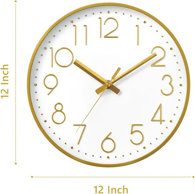 DAXSMY Wall Clock - 14 Inch Silent Non-Ticking Modern 3D Wall Clocks Battery Operated - Decorative Clock for Kitchen, Home Office, Bathroom, Bedroom, Living Room(Gold)