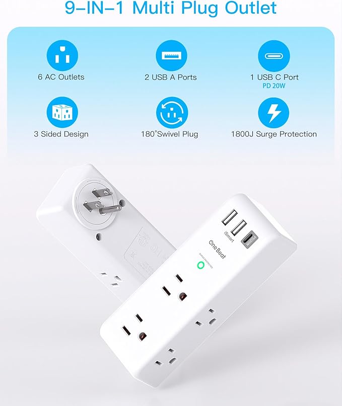 Surge Protector Outlet Extender with Rotating Plug, PD 20W, One Beat 6 AC Multi Plug Outlet with 3 USB Ports (1 USB C), 1800 Joules, 3-Sided Swivel Power Strip with Spaced Outlet Splitter for Office