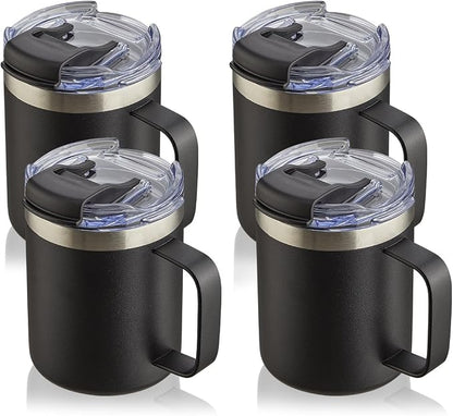 12oz Stainless Steel Insulated Coffee Mug with Handle, Double Wall Vacuum Tumbler Cup with Fliping Lid, Black, 4 Pack