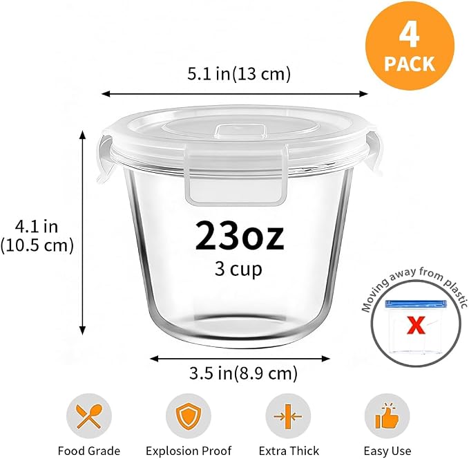 H.JSS WDJS 3Cup Round Glass Food Storage Containers with Airtight lids, 23oz Glass Meal Prep Containers, Heat-Resistant BPA-Free for Soup Leftover, Microwave, Dishwasher and Fridge Safe (white-4Pack)