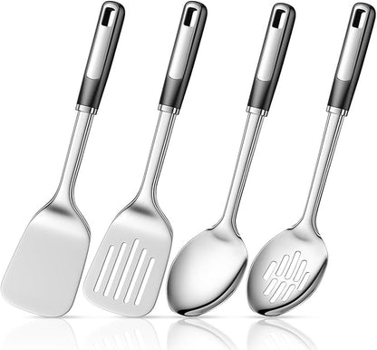 4-Piece Stainless Steel Utensils Set, Heavy-Duty Thickened Cooking Utensils – Solid & Slotted Turner, Solid & Slotted Spoon, Metal Spatula Set for Kitchen, Durable Steel Utensils for Cooking