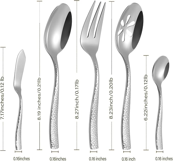 Kelenfer Stainless Steel Silverware Serving Set Hammered Silver Mirror Finished 5 Piece Serving Utensil Set Flatware Set