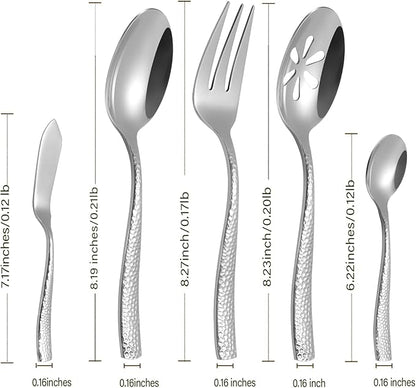 Kelenfer Stainless Steel Silverware Serving Set Hammered Silver Mirror Finished 5 Piece Serving Utensil Set Flatware Set