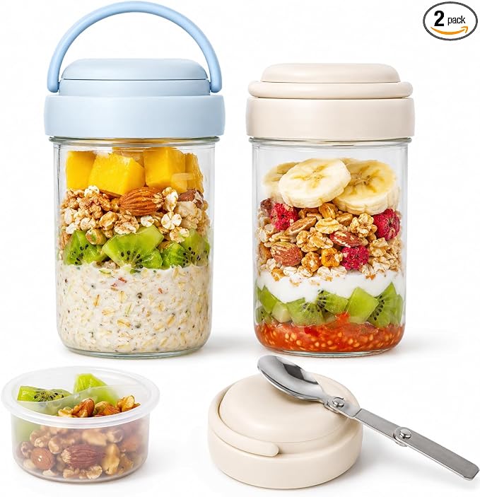 Overnight Oats Containers with Handles & Lids – 16oz Glass Mason Jars with Spoons & Fruit Compartments, Chia Pudding Jars with Lids, 2 Sets (Cream, Blue)