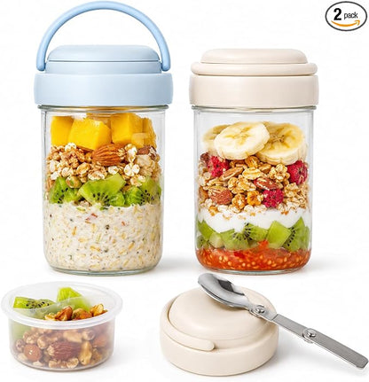 Overnight Oats Containers with Handles & Lids – 16oz Glass Mason Jars with Spoons & Fruit Compartments, Chia Pudding Jars with Lids, 2 Sets (Cream, Blue)