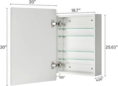 TEHOME 20'' x 30'' Polished Nickel Recessed and Surface Mount Bathroom Medicine Cabinet with Mirror Square Cornered Metal Framed Rounded Rectangle Medicine Cabinet Mirror