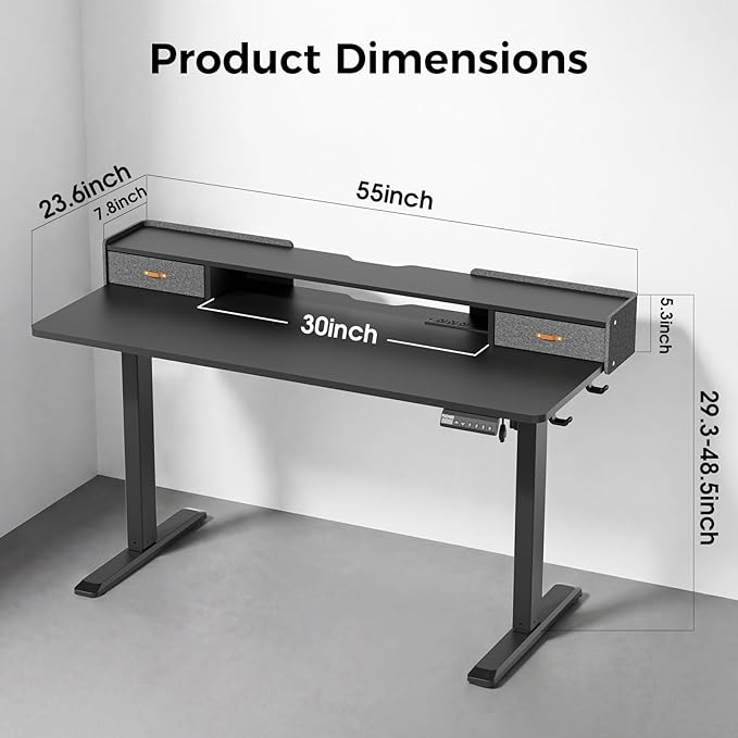 Electric Standing Desk with Drawers, 55 Inch Height Adjustable Desk with Power Outlets & LED Lights, Sit Stand Table with Monitor Stand for Home, Office, Black