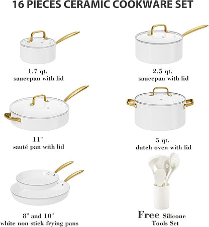 Ceramic Cookware Set, VONIKI 16 Pcs Pots and Pans Set Non Stick, Kitchen Cookware Sets with Cooking Utensils Set, Non Toxic Cookware Set White Gold Pan Set for Cooking Pot Oven & Dishwasher Safe, Gift