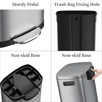 KdbK 13 Gallon Trash Can with Lid, 50L Fingerprint Proof Stainless Steel Kitchen Trash Can with Removable Inner Bucket and Lid Soft Close, Pedal Rubbish Bin for Home Office（Silver）
