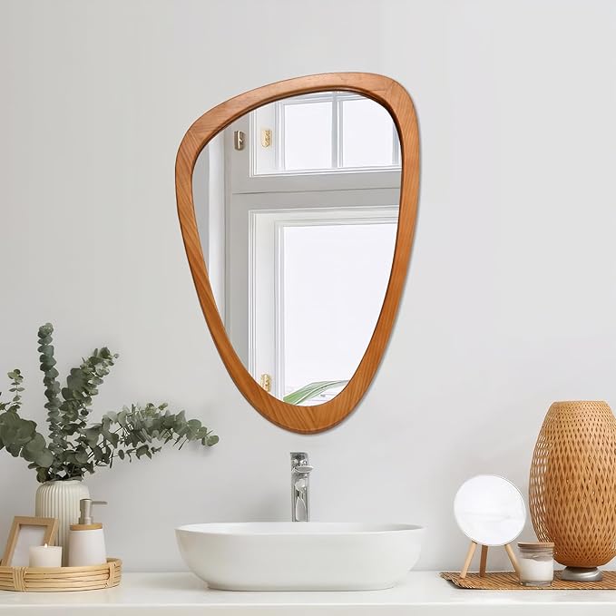 FUIN Asymmetrical Irregular Wall Mirror 30.5" x 19.5" – Solid Wood Frame Mid Century Modern Decor, Organic Pebble Shaped HD Glass for Bathroom Vanity, Bedroom, Living Room & Entryway (Teak Finish)