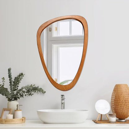 FUIN Asymmetrical Irregular Wall Mirror 30.5" x 19.5" – Solid Wood Frame Mid Century Modern Decor, Organic Pebble Shaped HD Glass for Bathroom Vanity, Bedroom, Living Room & Entryway (Teak Finish)