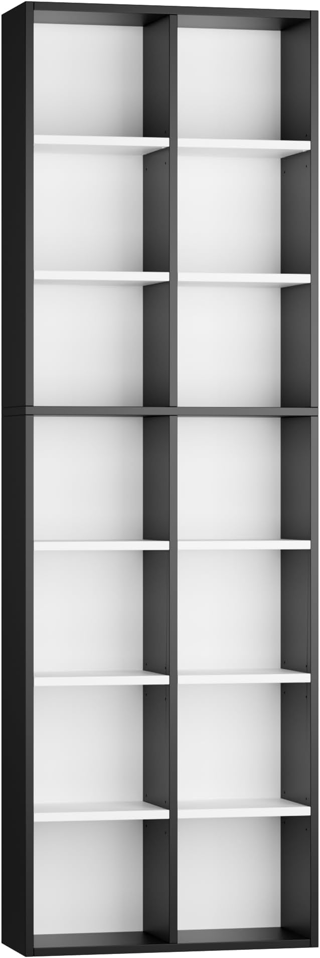 FOTOSOK 2Pcs 71'' Tall Narrow Bookshelf with 14 Cubes, 7 Tier Double Wide Bookshelf with 6 Adjustable Shelves, 19.6" Narrow DVD/CD Media Storage Shelf, Space Saving Display Shelf Cabinet, White/Black