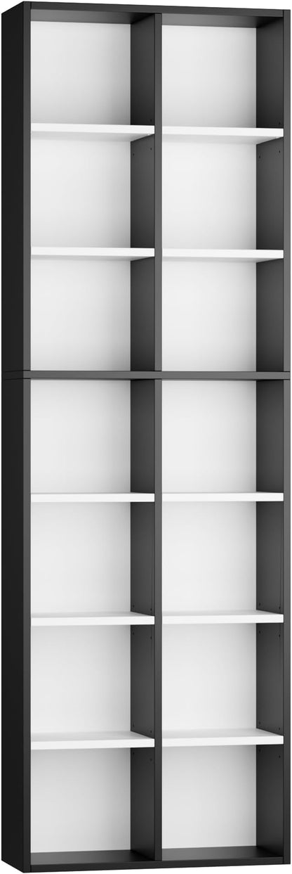 FOTOSOK 2Pcs 71'' Tall Narrow Bookshelf with 14 Cubes, 7 Tier Double Wide Bookshelf with 6 Adjustable Shelves, 19.6" Narrow DVD/CD Media Storage Shelf, Space Saving Display Shelf Cabinet, White/Black