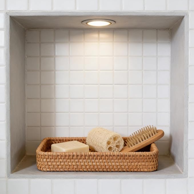 1PCS 10.63x4.33 Inch Rattan Bathroom Vanity Tray Vintage Storage Basket Bin Toilet Paper Basket for Bathroom Kitchen Toilet Tank Vanity Countertop Table Shelf