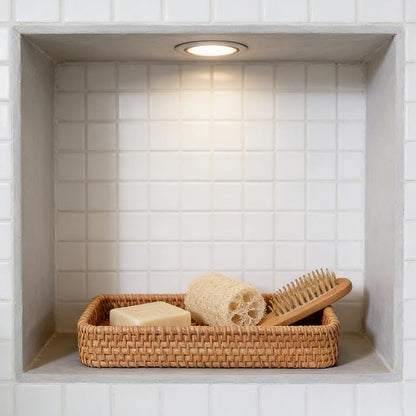 1PCS 10.63x4.33 Inch Rattan Bathroom Vanity Tray Vintage Storage Basket Bin Toilet Paper Basket for Bathroom Kitchen Toilet Tank Vanity Countertop Table Shelf
