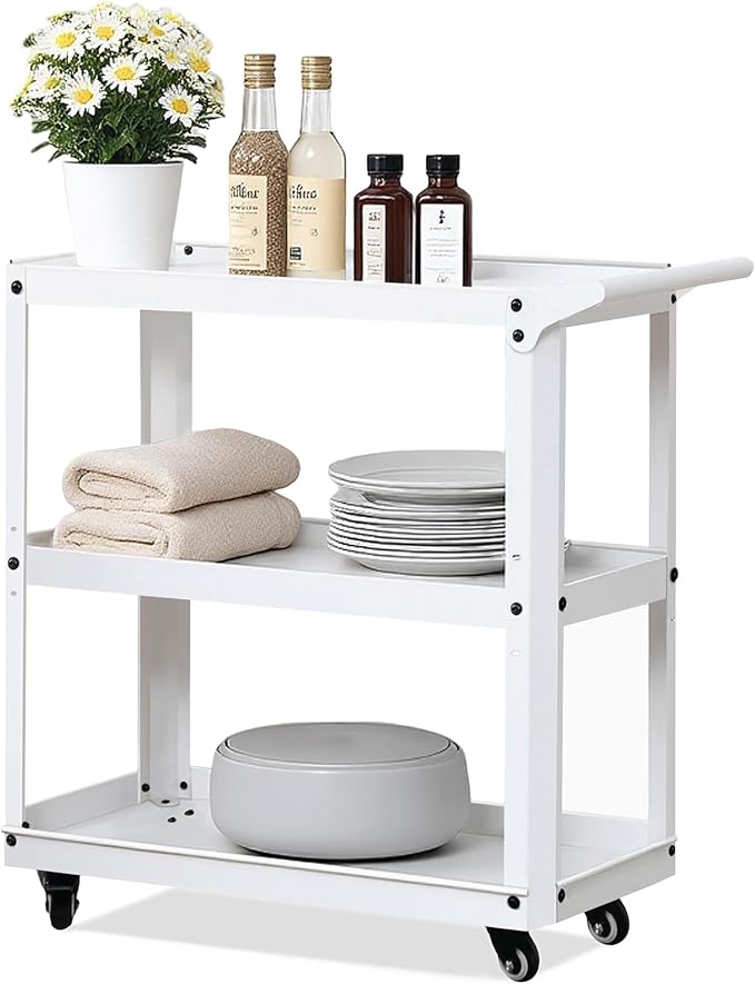 XCX 3 Tier Metal Utility Rolling Cart with Wheels, Heavy Duty Storage Organizer Trolley Cart for Kitchen, Bathroom, Office, Bedroom – Multi-Purpose 330Lbs Capacity Utility Cart on Wheels, White