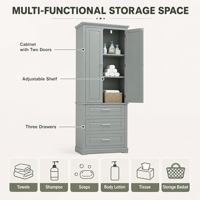 Storage Cabinet, Tall Bathroom Cabinet with Adjustable Shelf | Tall storage cabinet, upper enclosed cabinet and 3 pull-out compartments keep daily essentials organized
