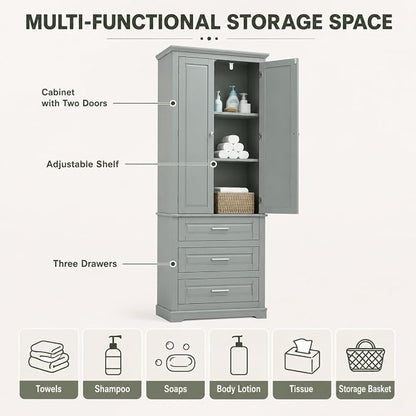 Storage Cabinet, Tall Bathroom Cabinet with Adjustable Shelf | Tall storage cabinet, upper enclosed cabinet and 3 pull-out compartments keep daily essentials organized
