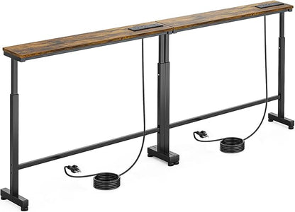 Dicasser 2 Pack Narrow Console Sofa Table with Adjustable Height (22"-33") & 2 Power Outlets, Skinny Behind Couch Table for Living Room Entryway Hallway, 79" L x 7" W x 33" H (Rustic Brown)