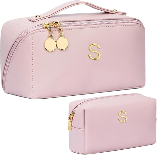 Valentine's Day Gifts for Women Teen Girl, Personalized Initial Makeup Organizer Bag Set, Open Flat Travel Cosmetic Bag With Clear Divider and Handle(Pink,S)