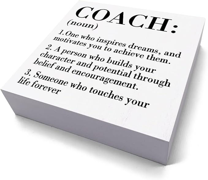 HTBIG Rustic White Wooden Coach Definition Sign, 5.1 x 5.1 Inches, Perfect for Home Office, Bedroom, Classroom, Cubicle, Counseling Desk, Shelf, Table Decoration